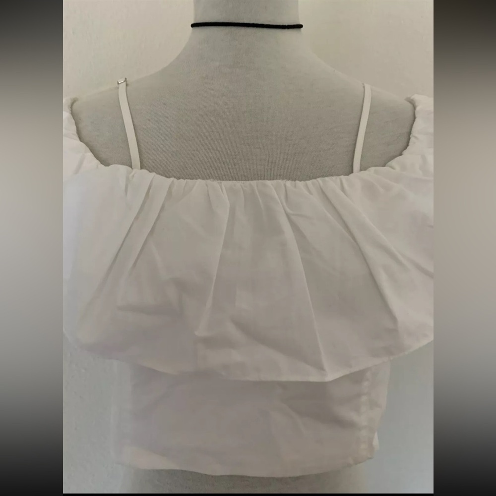 ZARA Womens Junior Girls Size L White Cropped Top Blouse Short Ruffle Sleeve - Picture 3 of 16
